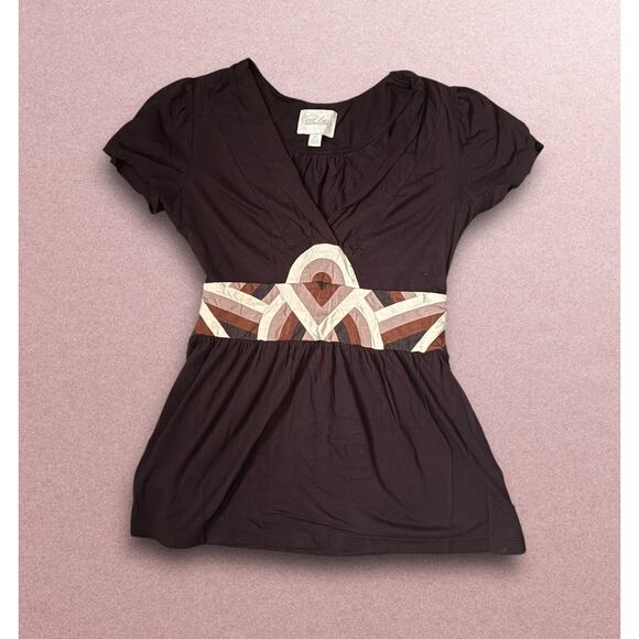 Anthropologie Deletta Brown Abstract V-Neck Blouse - Picture 1 of 4